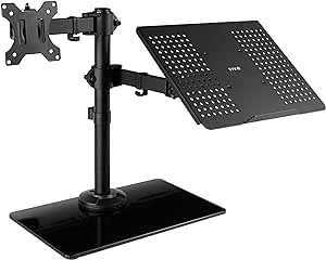 VIVO Free Standing Single Computer Monitor and Laptop Combo Desk Stand with Sleek Glass Base, Fits up to 32 inch Monitors and 17 inch Laptops, Black, STAND-V002FGL