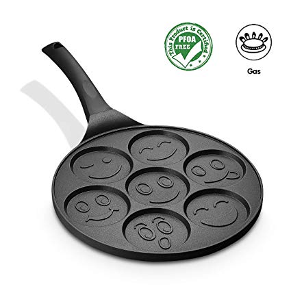 FRUITEAM Smiley Face Pancake Pan Nonstick Griddle 10 Inch Pancake Maker Mini Pancake and Flapjack 7 Mold Emoji Blini Pan for Son Daughter Gifts from Mom