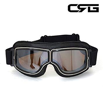 CRG Sports Vintage Aviator Pilot Style Motorcycle Cruiser Scooter Goggle T13 T13BSB Silver Lens Black Padding