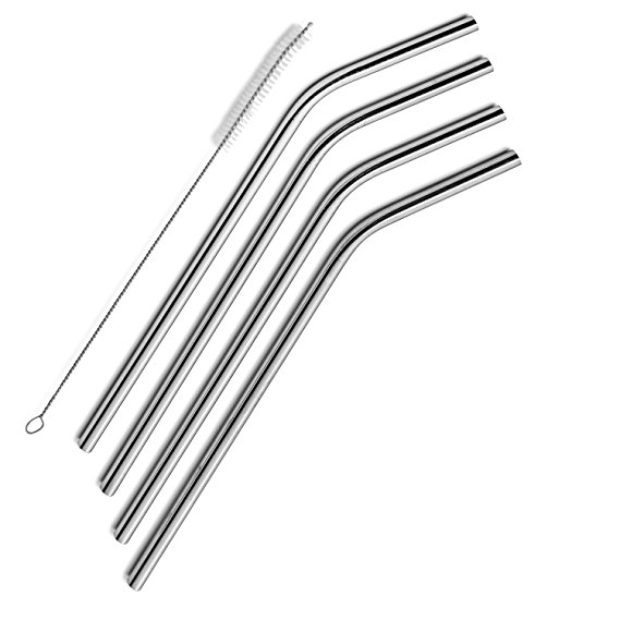 Hulless 18/8 Stainless Steel Drinking Straws, Drinking Metal Straws For 20 Oz and 30 Oz Tumbler Rambler Cup, Set of 4, Free Cleaning Brush Included.