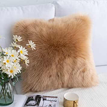 Foindtower Mongolian Plush Faux Fur Square Decorative Throw Pillow Cover Cushion Case New Luxury Series Merino Style for Livingroom Couch Sofa Nursery Bed Home Decor 18x18 Inch (45x45cm) Taupe