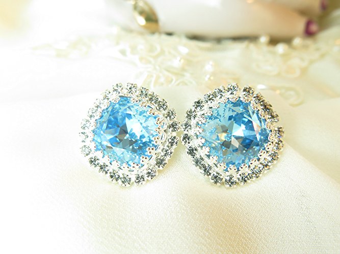 Aqua Marine Swarovski Square Element Crystal Earrings in Silver Plated with crystal surround accent stones Post