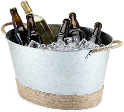 Twine Seaside Jute Rope Wrapped Farmhouse Galvanized Ice Metal Tub, Wine, Beer Bottle Bucket, 4.5 Gallons