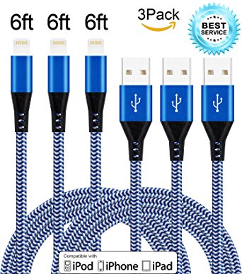 Mscrosmi 3Pack 6FT Nylon Braided Lightning Cable USB Cord Charging Cable compatible with iPhone 7/7Plus/6s/6s Plus/6/6Plus/5s/5c/5,iPad/iPod,iOS devices and more.(Blue White)