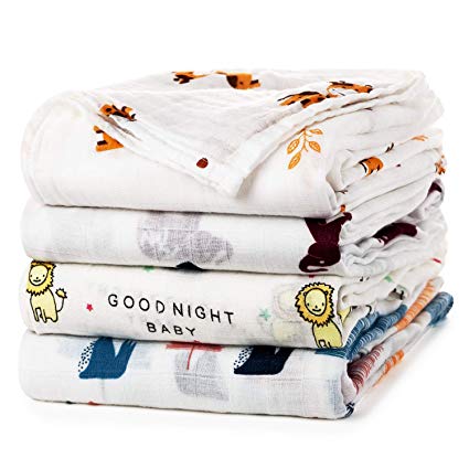 Baby Swaddle Blanket Upsimples Unisex Swaddle Wrap Soft Silky Bamboo Muslin Swaddle Blankets Neutral Receiving Blanket for Boys and Girls, Large 47 x 47 inches, Set of 4-Sika Deer/Elephant/Lion/Fox