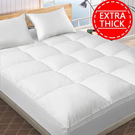 TEXARTIST Mattress Pad Cover, Cooling Mattress Topper, 400 TC Cotton Pillow Top with 8-21 Inch Deep Pocket (Queen, Extra Thick White)