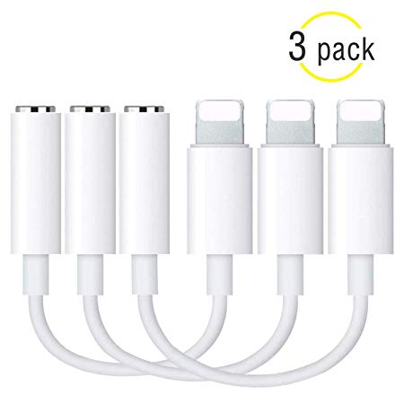 Adapter Headphone Jack to 3.5mm Dongle for Phone Xs/XR/XS Max/X /8/8Plus 7/7Plus (10) 6/6Plus [3 Pack] Earphone Adaptor Female Connector Audio Cable Earbuds Aux Converter (Support iOS 11 12)(White)