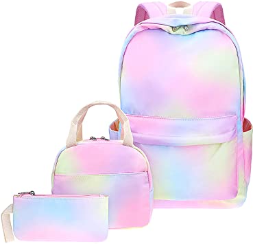 Rainbow Backpack Set 3-in-1 Kids School Bag, Junlion Laptop Backpack Lunch Bag Pencil Case Gift for Teen Girls Womens