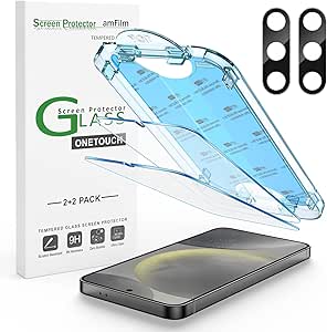 amFilm [2 2 Pack] OneTouch Tempered Glass Screen Protector Guard for Samsung Galaxy S24 6.2 Inch with Camera Lens Protector, 9H Hardness, Easy Installation, Bubble Free and Case Friendly.