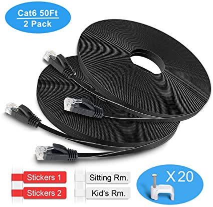 TBMax 2 Pack Cat6 Ethernet Cable 50ft, Black Flat Cat 6 Network Cable with Installed Clips & Labels, High Speed LAN Cable for Computer, Router 50 ft
