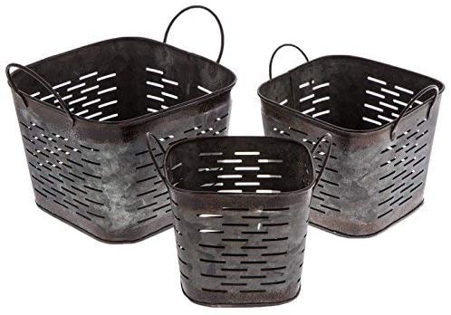 Dark Galvanized Metal Square Olive Buckets, Set of 3