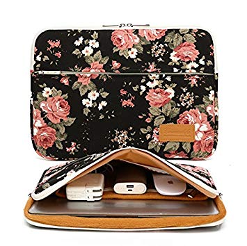 Canvaslife Black Chinese Rose Pattern 360 Degree Protective 13 inch Canvas Laptop Sleeve with Pocket 13 inch 13.3 inch Laptop case 13 case13 Sleeve