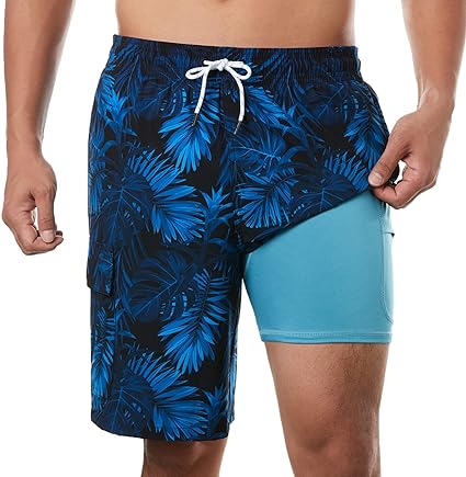 BRISIRA Mens Swim Trunks 9 Inch Inseam Board Shorts with Compression Liner Swimsuit Bathing Suit Quick Dry Cargo Pocket