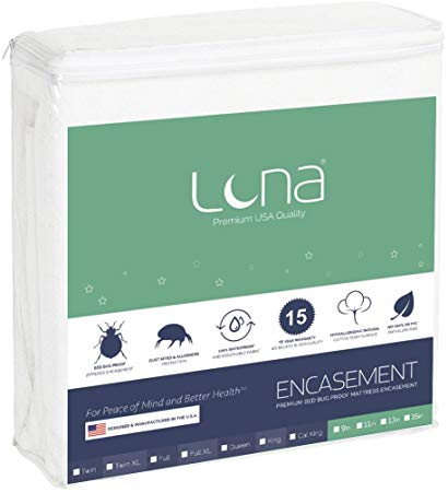 Luna Premium Hypoallergenic Zippered Bed Bug Proof Mattress Encasement 9" Height - King Size - Made in The USA