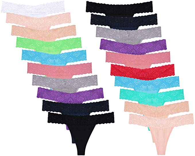 Women's Thong Underwear Lace Hollowed Out T Back Low Waist Ice Silk Sexy Cheeky Thong See Through Panties