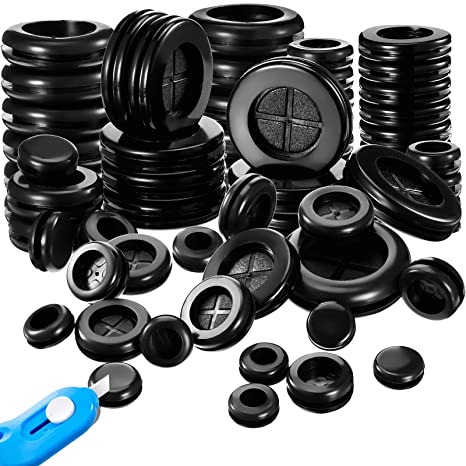 130 Pieces Rubber Grommet Round Electrical Wire Gasket with Retractable Box Knife for Cable Firewall Hole Plug, 1 1/2 Inch 1 Inch 7/8 Inch 13/16 Inch 5/8 Inch 13/32 Inch 5/16 Inch (Black)