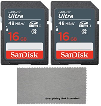 SanDisk 16 GB Class 10 SD HC Ultra Flash Memory Card - 2 Pack With Everything But Stromboli (tm) MicroFiber Cleaning Cloth