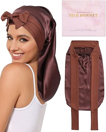 AWAYTR 100% Mulberry Silk Bonnet - Long Hair Cap for Sleeping Tie Band Bonnet for Braids Curly Hair