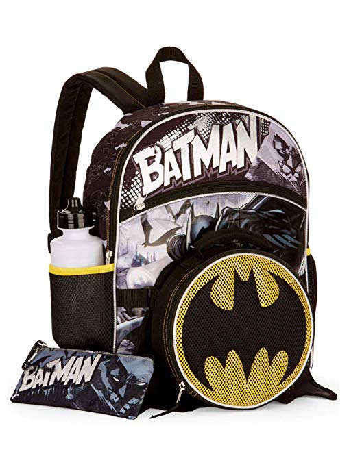 Batman Backpack, Lunch Box, Water Bottle, Pencil Case & Carabiner Set