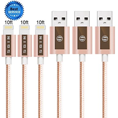 iPhone Cable SGIN,3Pack 10FT Nylon Braided Cord Lightning Cable Certified to USB Charging Charger for iPhone 7,7 Plus,6S,6 Plus,SE,5S,5,iPad,iPod Nano 7 - Rose Gold