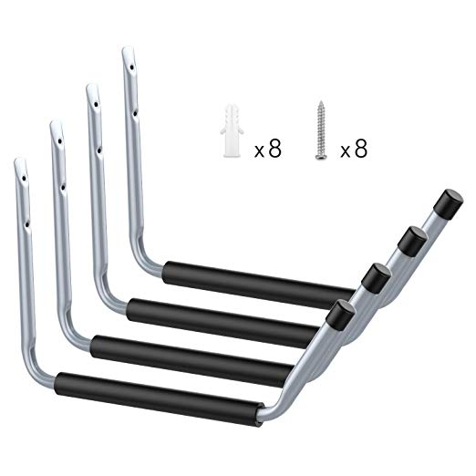 Housolution Heavy Duty Jumbo Arm Garage Hooks Set, 4 Pack Steal Utility Hooks Garage Storage Organizer Garden Hangers Wall Mount Cradle Set with 8PCS Screws and Anchors, Gray   Black Mat