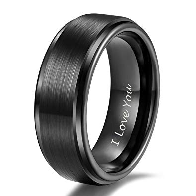 Shuremaster 6mm 8mm Tungsten Carbide Wedding Ring Band for Men Women Step Edge Black/Silver Engraved I Love You Comfort Fit 4-15