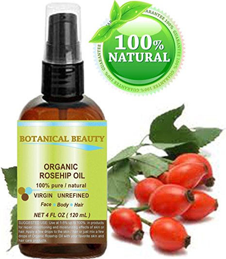 Botanical Beauty ORGANIC ROSEHIP OIL 100% Pure. For Face, Hair and Body. 4 Fl.oz.- 120 ml.