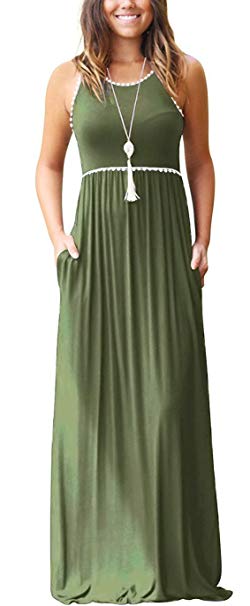 WEACZZY Women's Round Neck Sleeveless Loose Plain Vacation Days Maxi Dresses Casual Long Dresses with Pockets