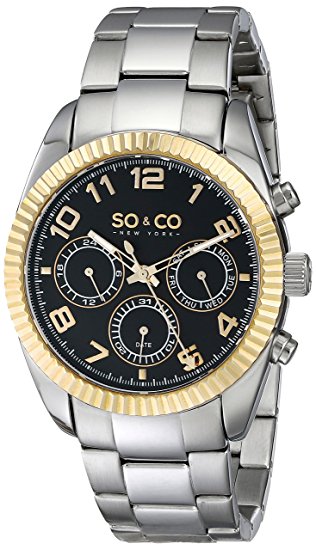 SO&CO New York Men's 5009.3 Madison Quartz Day and 23K Date Gold-Tone Bezel  Stainless Steel Link Bracelet Watch