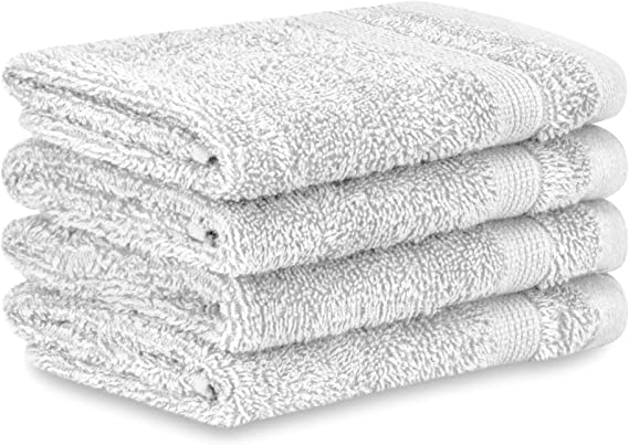 Adobella 4 Luxury Washcloths, 100% Cotton, Super Soft, Absorbent and Quick Drying, Baby and Body Wash Clothes, 13 x 13 inches, Small Fingertip Face Towel for Bathroom, White (Pack of 4)