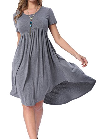 levaca Women's Scoop Neck Pockets High Low Pleated Loose Swing Casual Midi Dress