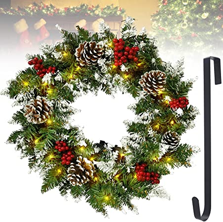 18 Inch Christmas Wreath,Christmas Wreaths for Front Door Decor with Pinecones,Red Berries,Battery Operated LED Lights for Fireplaces Walls New Years Christmas Decorations Indoor Outdoor Porch Decor
