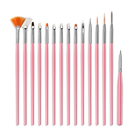 Kiseki 15 Pcs Nail Art Design Dotting Painting Drawing Brushes Tools Pink Pens
