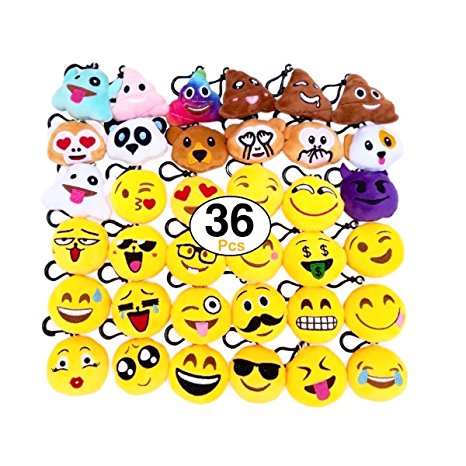 O'Hill 36 Pack Emoji Plush Pillows Mini Keychain Decorations for Birthday Party, Home Decoration, Wall Decor and Party Favor