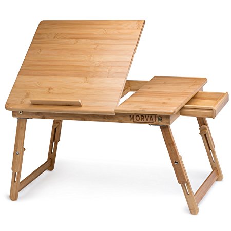 Morvat Laptop Desk 100% Natural Premium Bamboo Adjustable and Tilting shelf with Magnetic Drawer