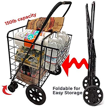 Double Basket Flat Folding Shopping Cart with Swivel Wheels for Laundry Grocery Shopping (Black Cart Only)