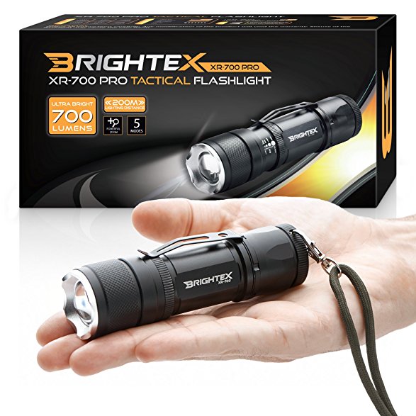 BRIGHTEX XR-700 Pro REAL UL Lab Tested 700 Lumens Super Bright Small Tactical Flashlight XM-L2 U2 LED, Rubast, Water Resistant, 5 Modes Inc Strobe & SOS, 2000 x Zoom & Belt Clip!