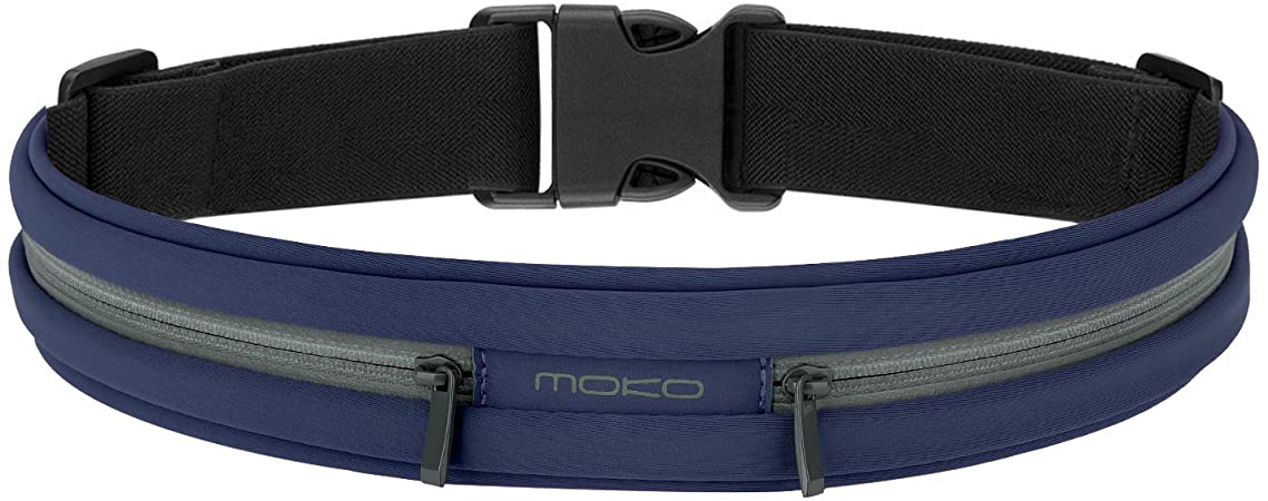 MoKo Sports Running Belt, Outdoor Dual Pouch Sweatproof Reflective Waist Pack, Fitness Workout Belt Fanny Pack Compatible with iPhone 12/12 Mini/12 Pro, 11/11 Pro Max/X/Xr/Xs Max/8, Galaxy Note 10,S20