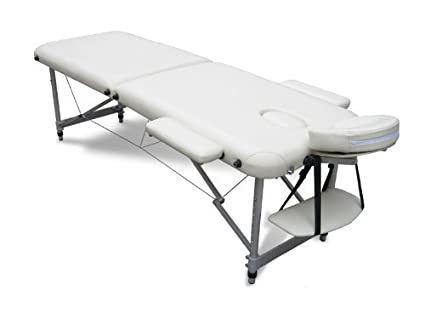 FoxHunter Deluxe Portable Lightweight Massage Table Beauty Couch Therapy Bed Folded 2 Section Aluminium Frame Beige with Headrest Armsupport Free Cover and Carrying Bag