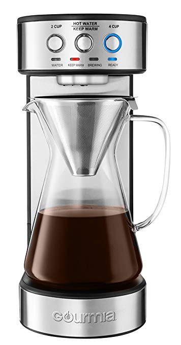 Gourmia GCM4900 Coffee Maker - Electric Pour Over Brewer - Glass Carafe, Stainless Steel Accents - Timer, Keep Warm - 2-4 Cups