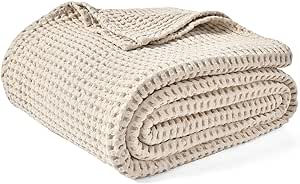 PHF 480GSM 100% Washed Cotton Waffle Weave Blanket, Cozy Breathable Skin-Friendly Throw Queen Size for All Season,Luxury Fall Layer Bedspread for Couch Bed Sofa,Elegant Home Decor,Natural,90"x90"