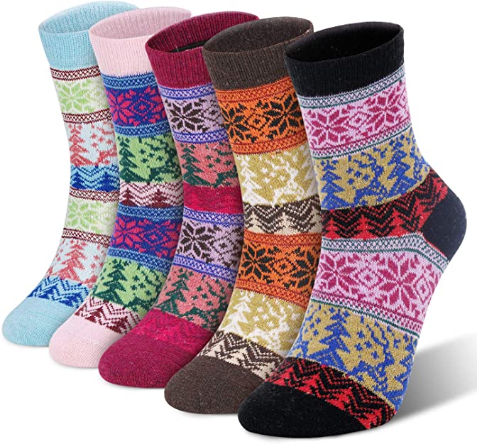 RenFox Women's winter warm socks, cotton socks, warm socks, ladies socks, women knitted socks, retro style snowflake pattern, breathable socks, casual socks, Christmas gifts, holiday gifts