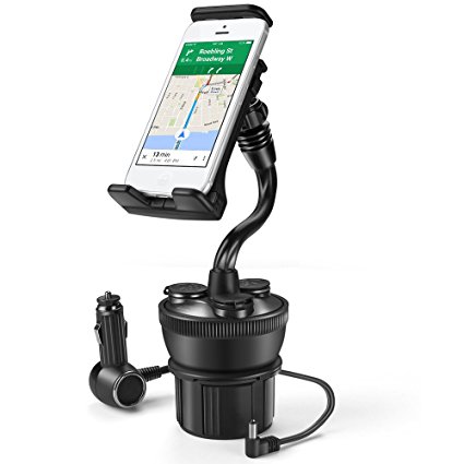 TNP Smartphone Car Mount Holder Charger Station - Universal Car Cup Holder Mount with 3 Sockets and 2 USB Charge Port 2.1A For iPhone 7, 7 Plus, 6, 6 Plus, Samsung Galaxy Android Smart Phone, Camera