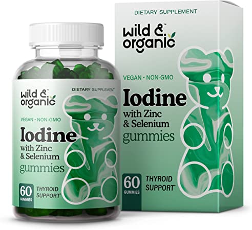 Wild & Organic Iodine Gummies - Iodine Supplements for Thyroid with Zinc & Selenium - Thyroid Gummies for Brain, Energy & Immune System - Iodine and Selenium Supplement - Apple Flavored 60 Gummy