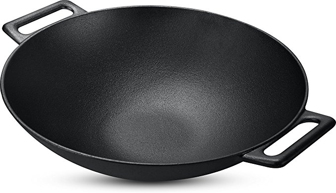 Cast Iron Shallow Concave Wok, Black, 12 Inch, Wide handles - by Utopia Kitchen