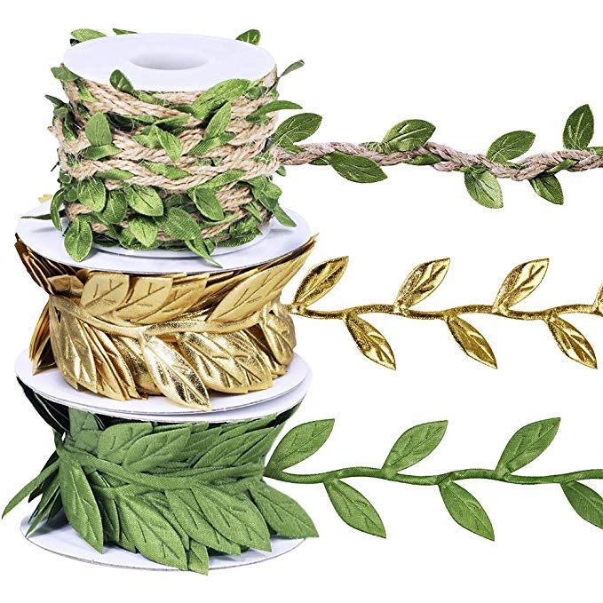 Set of 3 Leaf Ribbon Leaf Trim in Gold Green Vine Trim by The Yard Satin Vine Leaves Garlands Leaf Balloon Tail Gift Wrap Packaging Ribbon Party Garland Embellishment Hair Ribbon G Ribbon Gift Ribbon