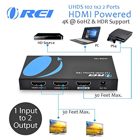 OREI UltraHD 4K @ 60 Hz 1 x 2 HDMI Splitter 1 in 2 Out 2 Port 4:4:4 8-bit - HDMI 2.0, HDCP 2.2, 18 Gbps