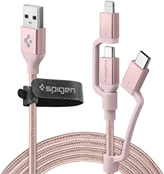 Spigen DuraSync 3-in-1 Universal Charger Cable, Lightning/USB-C/Micro USB, Premium Braided [4.9ft MFi Certified] Multi Charging Cable Works with iPhone, iPad, Galaxy, LG, Pixel with a Cable Organizer