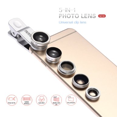 MEMTEQ® 5 in 1 Universal Clip-On Photo Lens, 180 Degree Fisheye   0.65X Wide Angle   Macro   CPL Filter   2X Telephoto Lens, Camera Lens for iPhone 6 / 6 Plus, iPhone 5s 5c 5 4s 4, Samsung, iPad mini / air - Silver