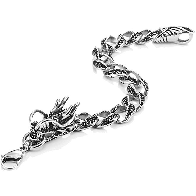 Vintage Style Dragon Link Stainless Steel Men Bracelet 8.2 Inch (Silver, Black)